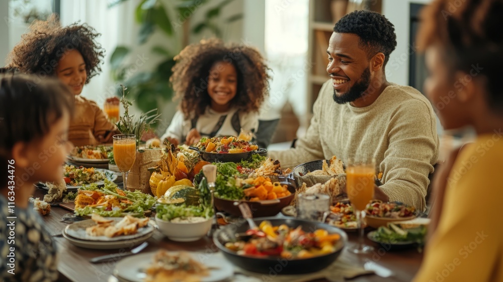 Joyful african family gathering around dinner table with delicious, colorful dishes Joyful african family gathering around dinner table with delicious, colorful dishes