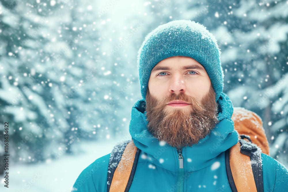 Fototapeta premium Hiker wearing backpack enjoying snowy winter forest during snowfall