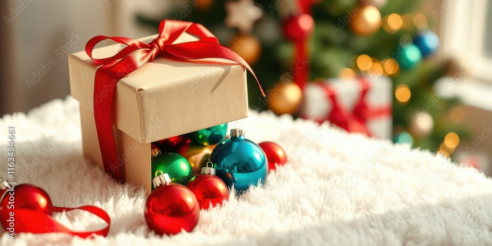 Obraz premium A Festive Gift Box Overflowing with Colorful Holiday Ornaments on a Soft White Surface