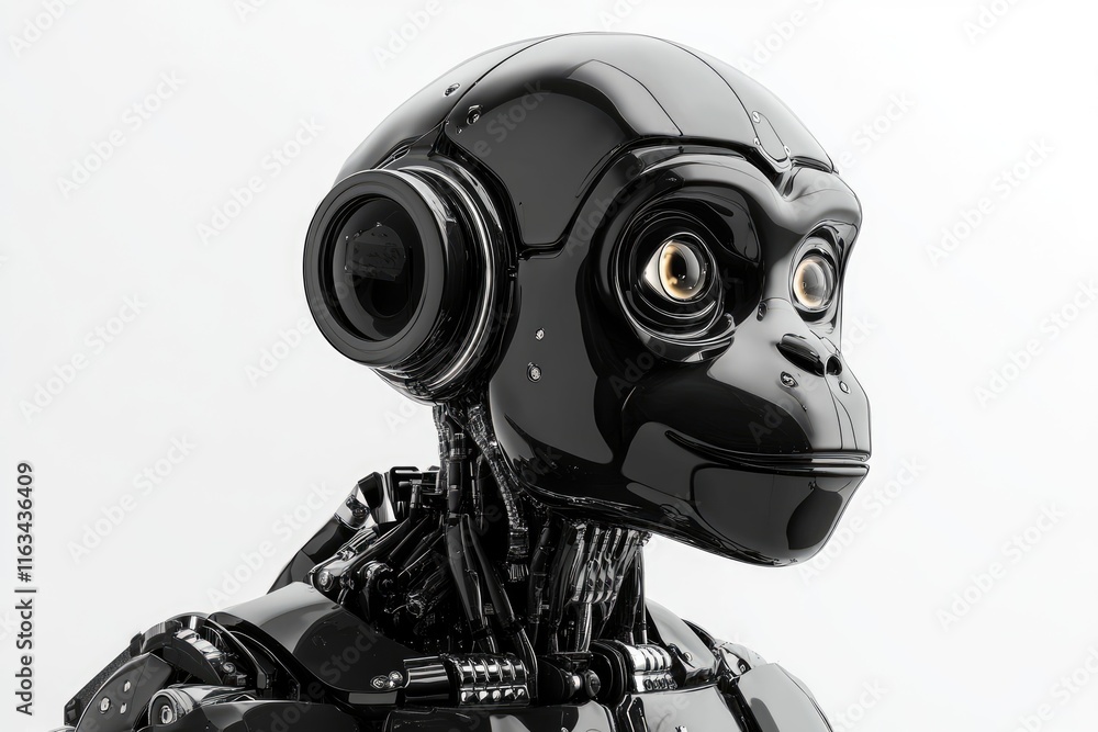 A sleek black robotic ape head and torso A sleek black robotic ape head and torso