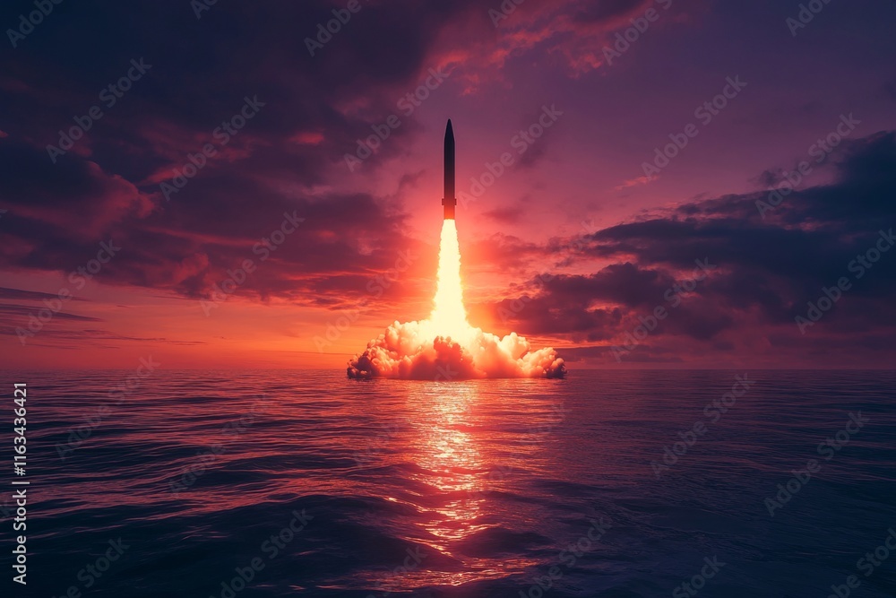 Military nuclear submarine launching undersea torpedo in ocean wide banner with copy space Military nuclear submarine launching undersea torpedo in ocean wide banner with copy space