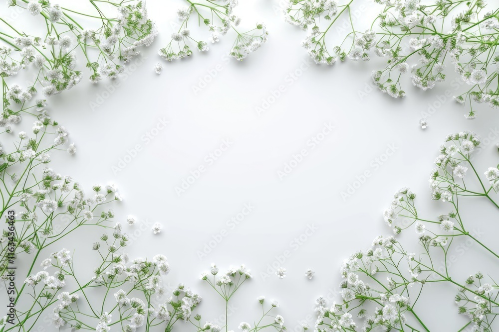 Naklejka premium White gypsophila floral layout with leaves and flowers.