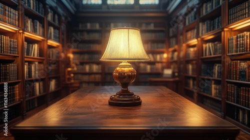 Classic Library Setting with Glowing Lamp and White Space photo