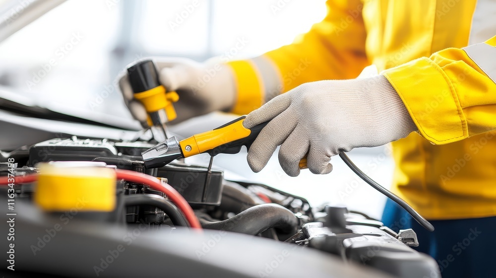 Fototapeta premium A mechanic is working on a car engine, using a tool to tighten a bolt