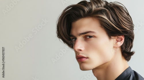 Close-up portrait of a young man with long, styled hair, looking over his shoulder. photo