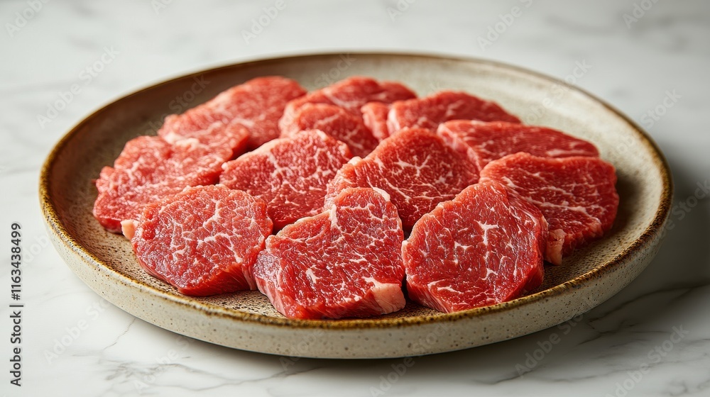 A plate of thinly sliced marbled beef, ready for cooking or grilling. A plate of thinly sliced marbled beef, ready for cooking or grilling.