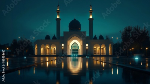 Majestic mosque at night reflecting in tranquil water photo