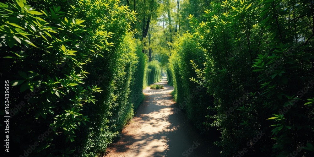 Fototapeta premium Sunlit path through a vibrant green hedge tunnel