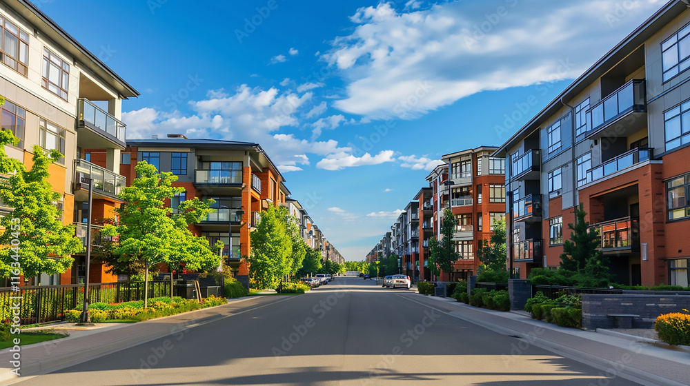 Obraz premium Street lined with new homes under a clear blue sky, each house boasting modern design elements and lush green gardens
