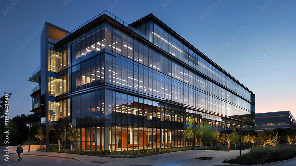 Exterior architectural rendering of an industrial building with one side covered in black timber cladding, the other half is glass and metal. Carbon-neutral glass structured office building set
Exterior architectural rendering of an industrial building with one side covered in black timber cladding, the other half is glass and metal. Carbon-neutral glass structured office building set