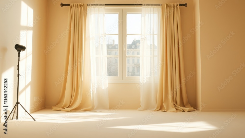Sunlit room interior with beige curtains and window, featuring a studio light stand Sunlit room interior with beige curtains and window, featuring a studio light stand
