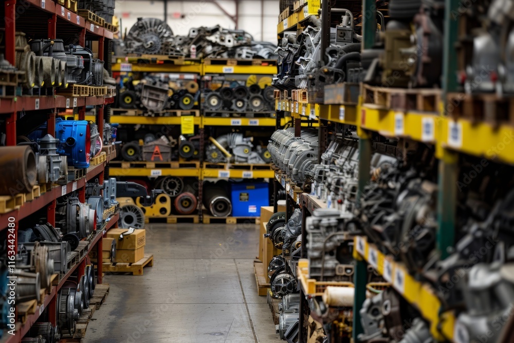 Vibrant warehouse displaying diverse engines and car parts in an organized layout for sale Vibrant warehouse displaying diverse engines and car parts in an organized layout for sale