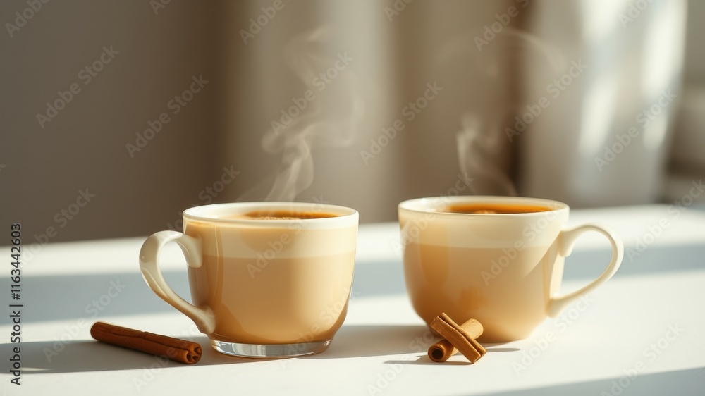Obraz premium Two Cups of Aromatic Warm Beverage with Cinnamon Sticks on a Sunny Surface