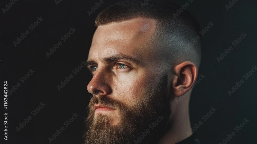 Close-up profile of a man with a short, styled haircut and a full beard, looking thoughtfully off-camera against a dark background. Close-up profile of a man with a short, styled haircut and a full beard, looking thoughtfully off-camera against a dark background.