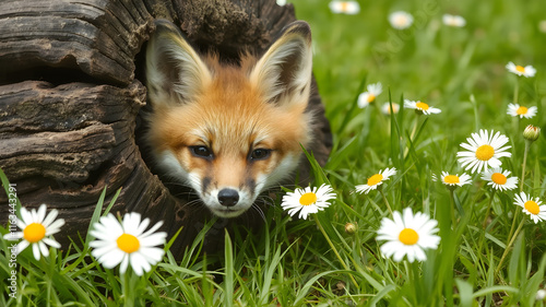 A curious fox cub peeking out of a hollow log, surrounded by lush green grass and blooming daisies photo