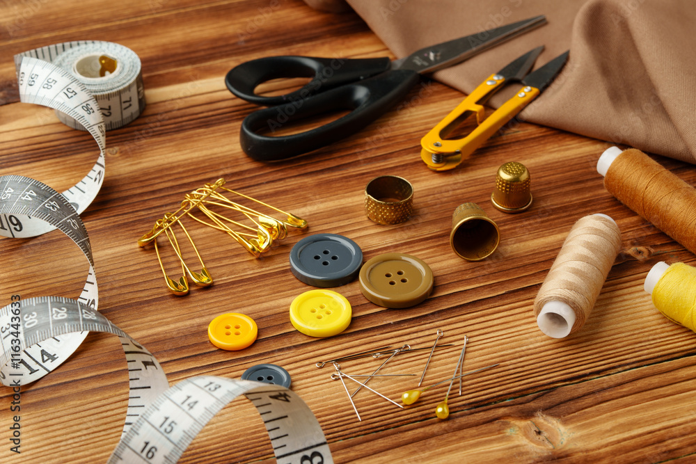 Crafting tools and materials arranged on a wooden table for sewing projects Crafting tools and materials arranged on a wooden table for sewing projects
