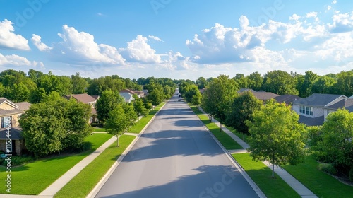A street with houses on both sides and a clear blue sky