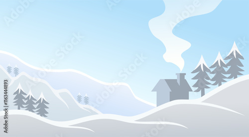 A snowy landscape with house at the distance. The house has a chimney with smoke coming out of it. The sky is clear and the snow is covering the ground