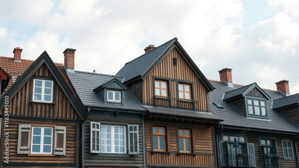 Charming Row of Wooden Houses with Slate Roofs and Dormer Windows Charming Row of Wooden Houses with Slate Roofs and Dormer Windows