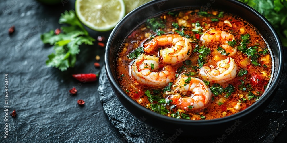 Tom Yum Kung Thai hot spicy soup shrimp with lemon grass,lemon,galangal and chilli on wooden background Thailand Food Tom Yum Kung Thai hot spicy soup shrimp with lemon grass,lemon,galangal and chilli on wooden background Thailand Food
