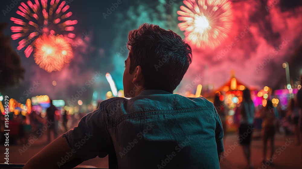 Fototapeta premium A man is sitting on a bench watching fireworks