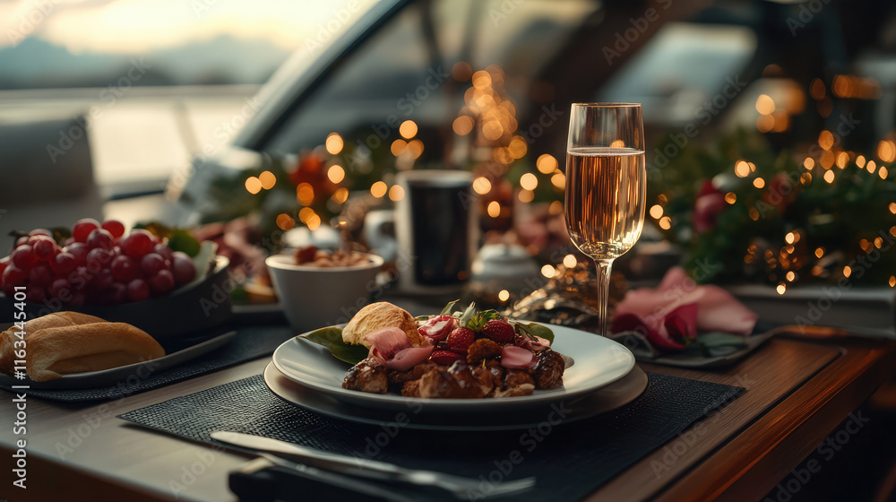 A table with a white plate of food and a glass of champagne A table with a white plate of food and a glass of champagne