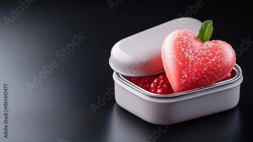 Heart-Shaped Cookie Tin with Red Dessert. Generative AI photo