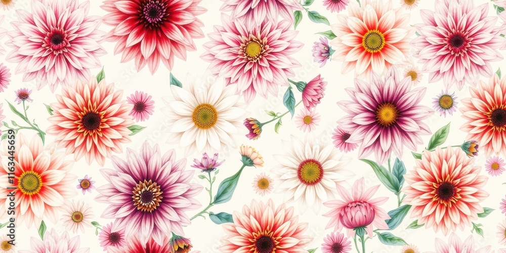 Floral Delight A Harmonious Blend of Pink, White, and Red Blooms in a Seamless Pattern Floral Delight A Harmonious Blend of Pink, White, and Red Blooms in a Seamless Pattern