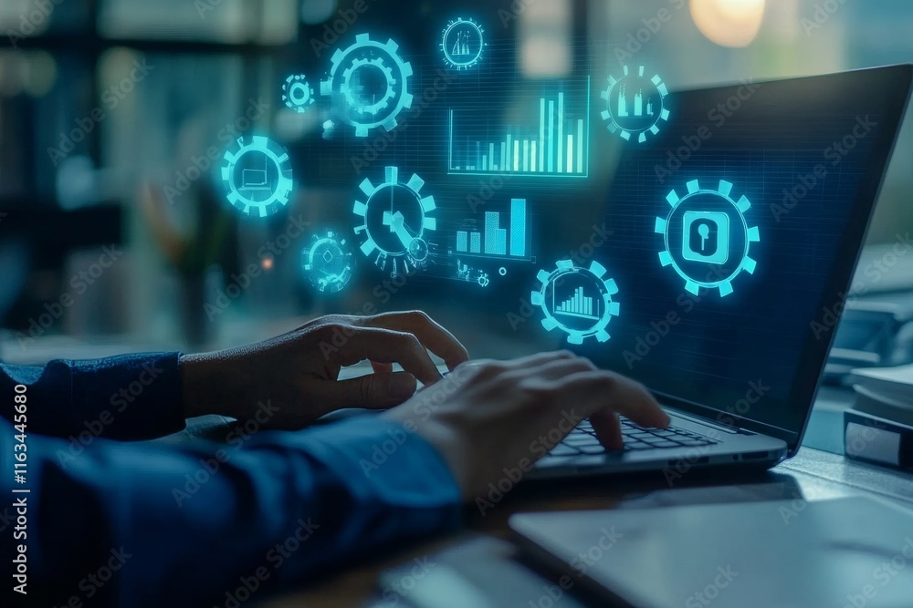 Dynamic professional workspace with holographic icons for automation, analytics, and teamwork Dynamic professional workspace with holographic icons for automation, analytics, and teamwork