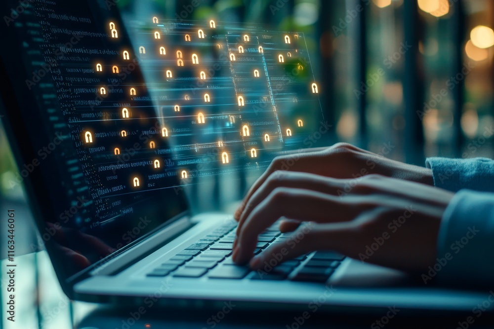 Close up of a user typing on a laptop with password fields, in a bright and inviting workspace Close up of a user typing on a laptop with password fields, in a bright and inviting workspace