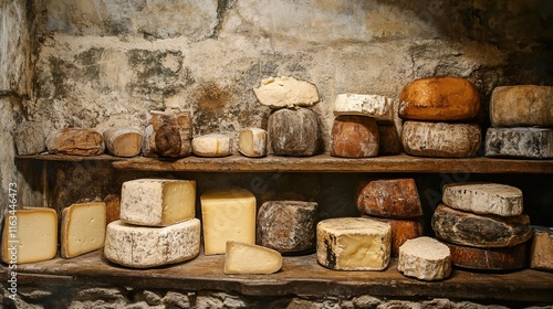 A Collection of Aged Cheeses on Rustic Wooden Shelves photo