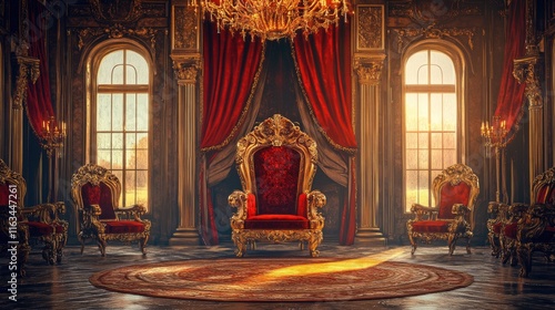 Grand throne room with ornate chairs, red velvet curtains, and large windows.