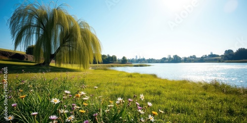 Serene Lakeside Meadow with Weeping Willow and Wildflowers photo