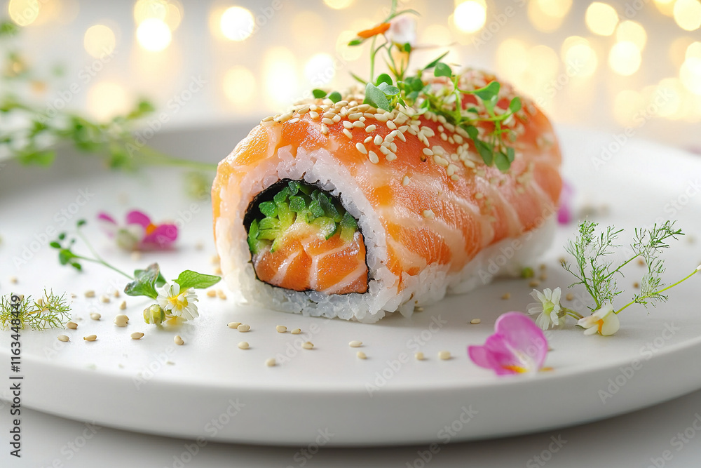 Delicious sushi roll with fresh salmon, vegetables, and garnishes presented elegantly on a plate Delicious sushi roll with fresh salmon, vegetables, and garnishes presented elegantly on a plate