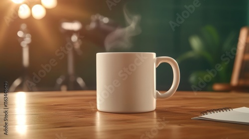 White mug mockup on a film production set. Generative AI photo