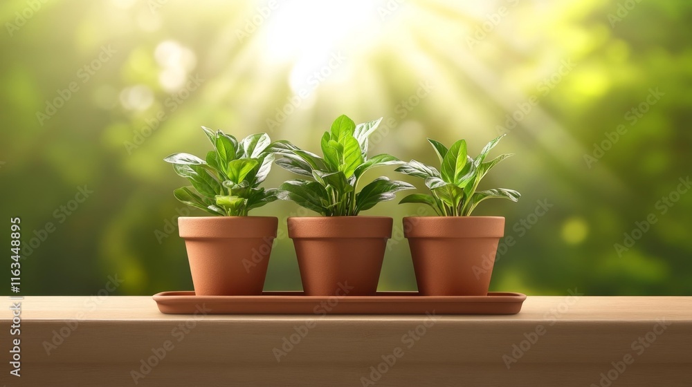 Obraz premium Terracotta Pots with Green Plants in Sunlit Space. Generative AI