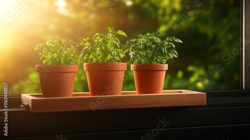 Terracotta Herb Pots on Sunny Windowsill. Generative AI photo