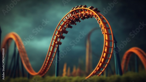 Orange roller coaster looping in stormy weather.