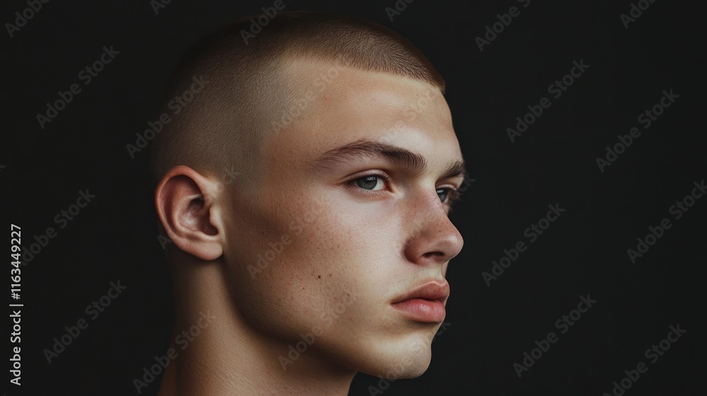 Close-up profile portrait of a young man with short hair, looking away. Close-up profile portrait of a young man with short hair, looking away.