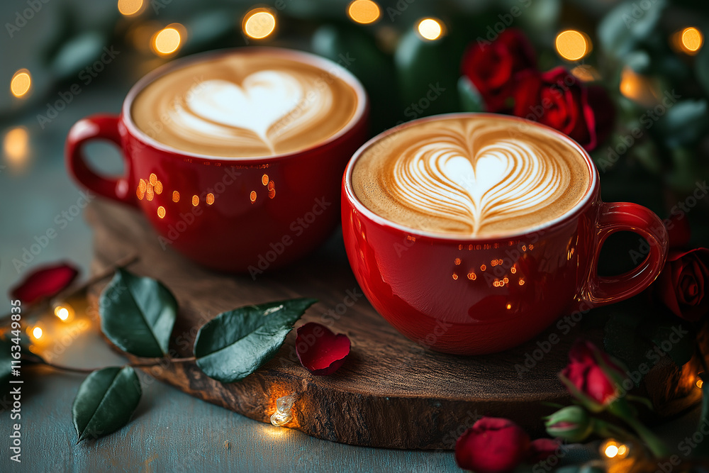 A stunning close-up of two coffee red color cups with latte art in the shape of hearts, placed on a rustic wooden table surrounded by fresh roses and glowing fairy lights A stunning close-up of two coffee red color cups with latte art in the shape of hearts, placed on a rustic wooden table surrounded by fresh roses and glowing fairy lights