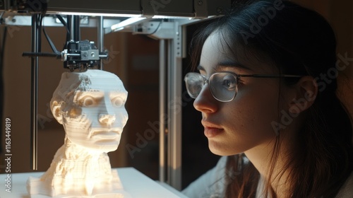 Young woman intently observing a 3D printed bust under a machine's light.