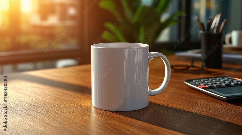 White mug mockup on a desk with financial tools. Generative AI White mug mockup on a desk with financial tools. Generative AI