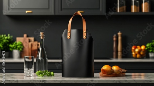 Black Leather Apron Mockup in Luxury Kitchen. Generative AI photo