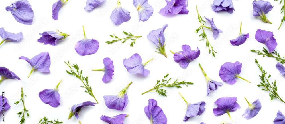 Scattered purple petals and fresh green leaves, floral design, nature inspired, botanical elements, white backdrop, vibrant and colorful, springtime, decorative pattern Scattered purple petals and fresh green leaves, floral design, nature inspired, botanical elements, white backdrop, vibrant and colorful, springtime, decorative pattern