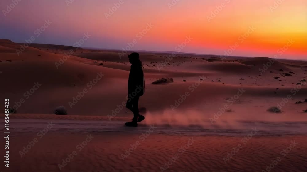 Person in dark clothing walking in desert at sunset. Orange sky background. Outdoor shot. Travel, nature concept, for social media, website, intro, outro. Person in dark clothing walking in desert at sunset. Orange sky background. Outdoor shot. Travel, nature concept, for social media, website, intro, outro.