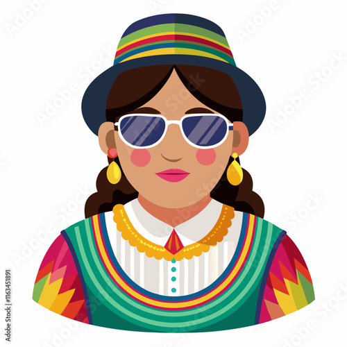 woman avatar in a Bolivian cholita-inspired blouse and sunglasses.