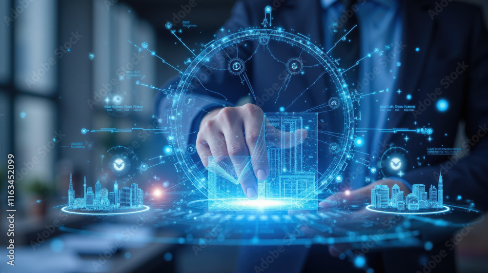 Futuristic technology concept with digital interface, hand touching holographic data, smart city elements, innovation, virtual reality, business solutions Futuristic technology concept with digital interface, hand touching holographic data, smart city elements, innovation, virtual reality, business solutions