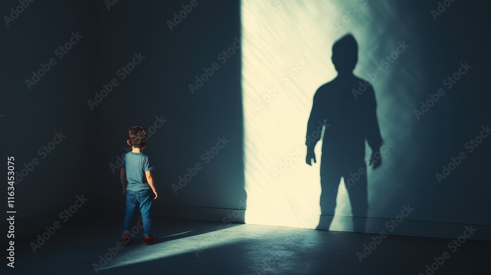 A child stands in a dimly lit room, gazing at a large shadow projected on the wall, evoking themes of fear and imagination. A child stands in a dimly lit room, gazing at a large shadow projected on the wall, evoking themes of fear and imagination.