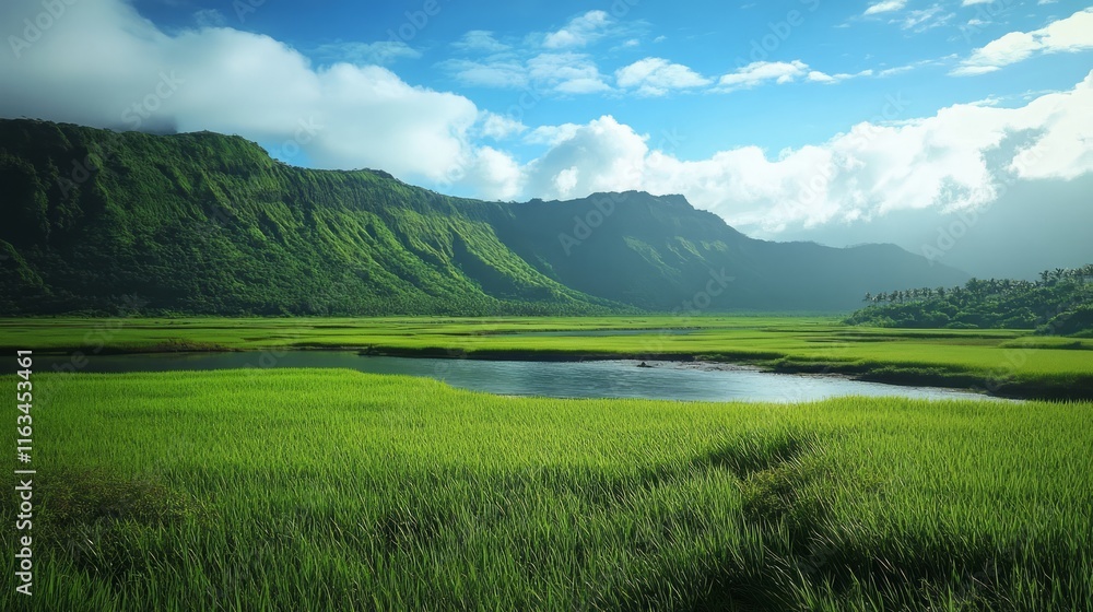 Fototapeta premium Spectacular Green Grasslands and the Majestic Shadow of Volcanoes.