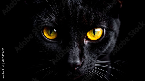 Portrait of black cat with piercing yellow eyes staring into camera, dark backdrop, symbolic animal, enigmatic look, feline charm, mystical, nocturnal creature, close-up